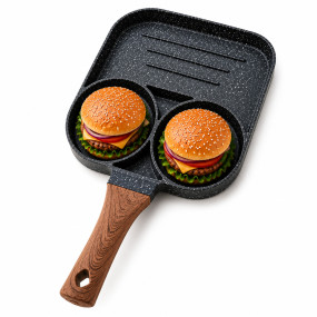 Non-Stick Divided Breakfast Burger Pan 3 Section, Reusable Omelette, Bacon Grilling & 2 Round Molds