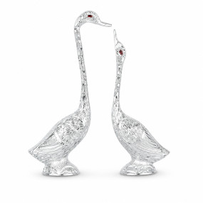 Silver Swan Pair Showpiece with Sparkling Crystals, Loving Swans Statue for Home, Living Room Decor