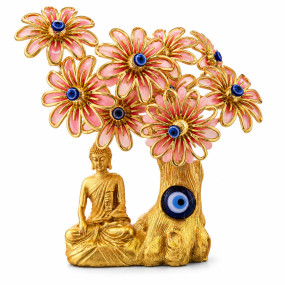Golden Buddha Under Evil Eye Tree Showpiece for Home Décor Vastu & Feng Shui Meditating Idol (Pink)