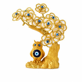 Golden Evil Eye Tree with Owl Figurine Feng Shui Protection Decor & Nazar Battu Showpiece for Home