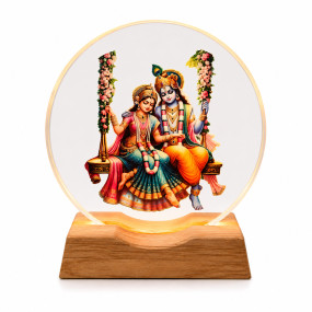 Radha - Krishna 3D Acrylic Night Lamp with Wooden LED Base Warm White Light For Decor in Home Temple