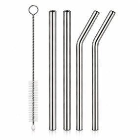 Reusable Stainless Steel Drinking Straws Set - 4 Pcs Metal Straws (2 Straight + 2 Bent + 1 Brush)