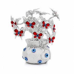 Silver Evil Eye Butterfly Tree with Red Crystal Stones Decor in Money Bag Base Decorative For Home