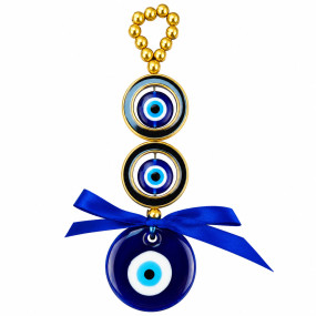 Evil Eye Hanging for Home Entrance, CarMirror, Office Decor Blue Glass Nazar Battu with Golden Beads