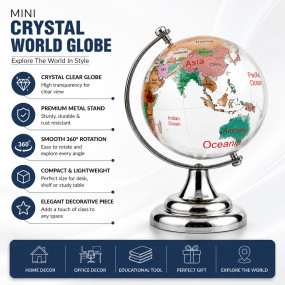 Crystal World Globe for Study Table & Office Desk Decor 360° Smooth Rotating Earth Map (No.2)