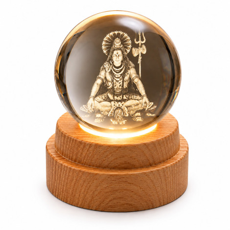 Shiv ji 3D Crystal Ball Night Lamp with Wooden Base K9 Crystal Glass 360° Rotating Shiv ji Glowing