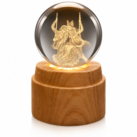 Radha - Krishna 3D Crystal Ball Night Lamp with Wooden Base K9 Crystal Glass 360° Rotating Glowing