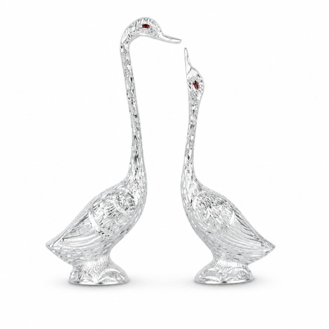 Silver Swan Pair Showpiece with Sparkling Crystals, Loving Swans Statue for Home, Living Room Decor