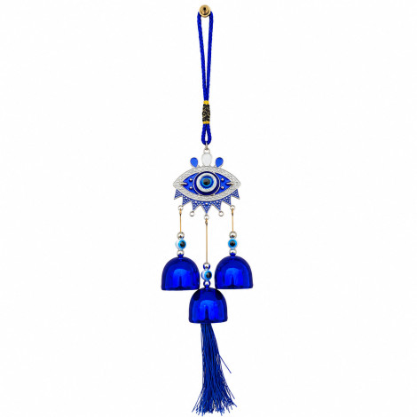 Turkish Evil Eye Wind Chime Wall Hanging with 3 Metal Bells & Tassel Nazar Suraksha Feng Shui