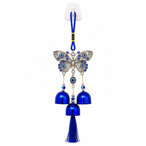 Turkish Evil Eye Butterfly Wind Chime Hanging with 3 Metal Bells & Tassel - Nazar Suraksha Feng Shui