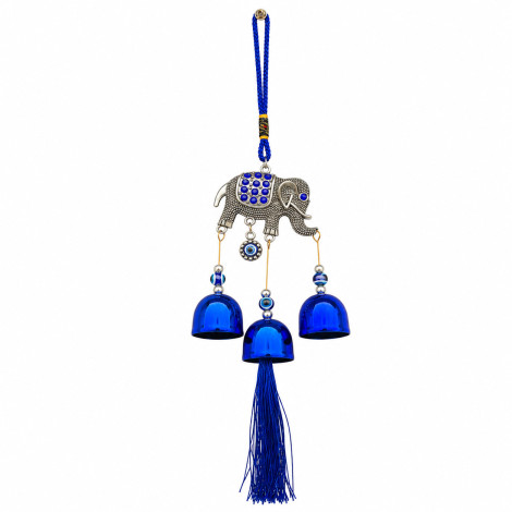 Turkish Evil Eye Elephant Wind Chime Hanging with 3 Metal Bells & Tassel - Nazar Suraksha Feng Shui