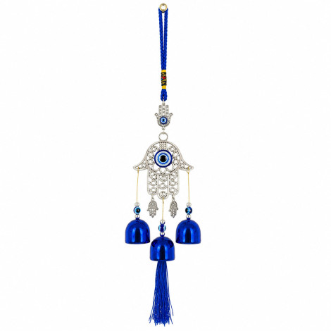 Turkish Evil Eye Hamsa Hand Wind Chime Hanging with 3 Metal Bells & Tassel Nazar Suraksha Feng Shui