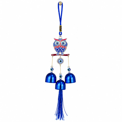 Turkish Evil Eye Red & Blue Owl Wind Chime Hanging with 3 Metal Bells & Tassel Nazar Suraksha