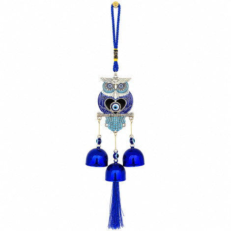 Turkish Evil Eye Cutout Owl Wind Chime Hanging with 3 Metal Bells & Tassel Nazar Suraksha Feng Shui