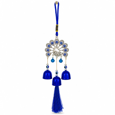 Turkish Evil Eye Fan Tail Peacock Wind Chime Hanging with 3 Metal Bells & Tassel Nazar Suraksha