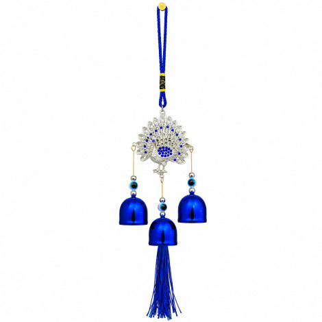 Turkish Evil Eye Silver Crown Peacock Wind Chime Hanging with 3 Metal Bells & Tassel Nazar Suraksha
