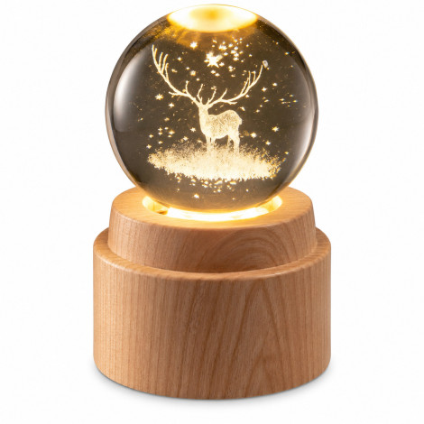 Deer 3D Crystal Ball Night Lamp with Wooden Base K9 Crystal Glass 360° Rotating Forest Deer Glowing