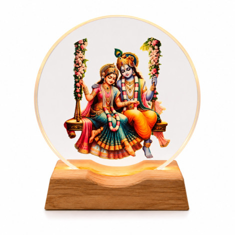 Radha - Krishna 3D Acrylic Night Lamp with Wooden LED Base Warm White Light For Decor in Home Temple
