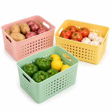 Multipurpose Plastic Storage Baskets for Kitchen Fruits & Vegetable with Side Handles Pack of 3