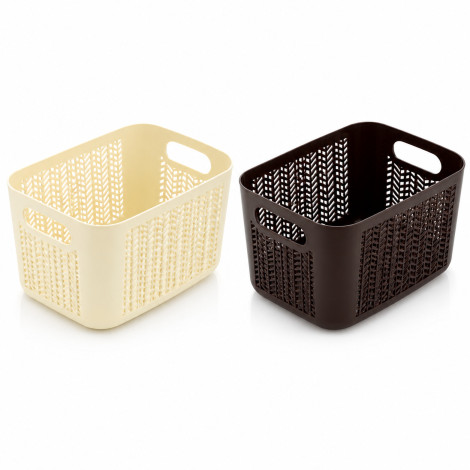 Multipurpose Plastic Storage Baskets with Cutout Handles (Set of 2) – Woven Design Organizer Baskets