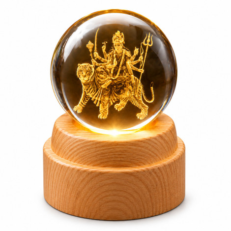 Maa Durga 3D Crystal Ball Night Lamp with Wooden Base K9 Crystal Glass 360° Rotating Glowing
