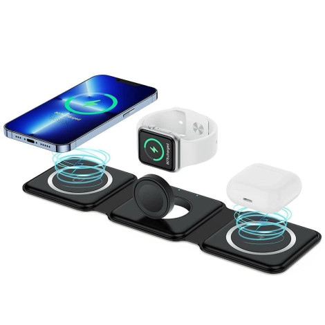 Foldable 3-in-1 Magnetic Wireless Charging Station - 15W Fast Charger for Smartphone, Watch & Eardud